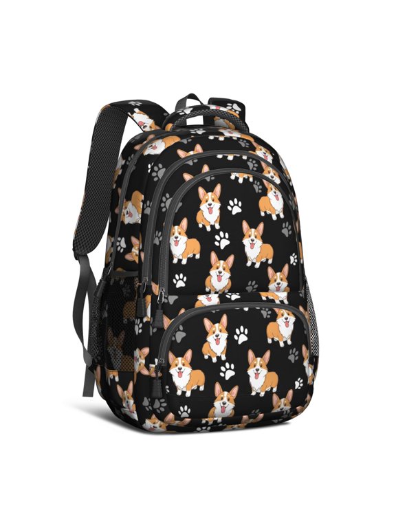 Corgi and Dog Paw Print Black Pattern Cute School Backpack Bag with Padded Back and Adjustable Shoulder Straps 16.9 X 12.6 X 5.9 Inches