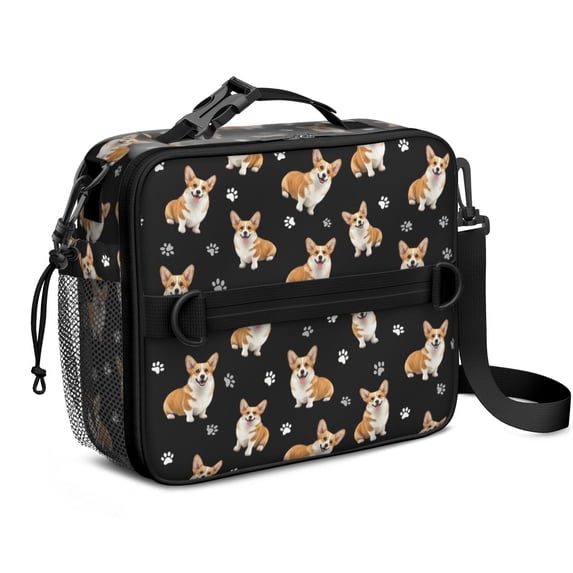 Corgi and Dog Paw Print Black Pattern Insulated Lunch Bag with Shoulder Strap and Bottle Holder,Bento School Lunch Bag Box,11x9.5x3.5 Inches