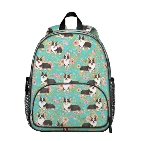Corgi and Floral Blue Pattern Backpack for School, Cute School Bag with Adjustable Shoulder Straps and Padded Back, 13.8"x11.4"x6"