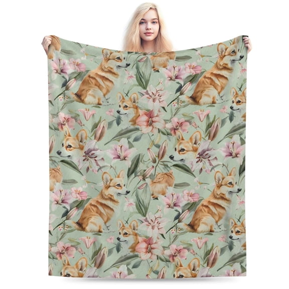 Corgi and Flower Fleece Blanke Cute Dog Lovers Throw Blankets,Soft Cozy Lightweight for All Seasons 50x40