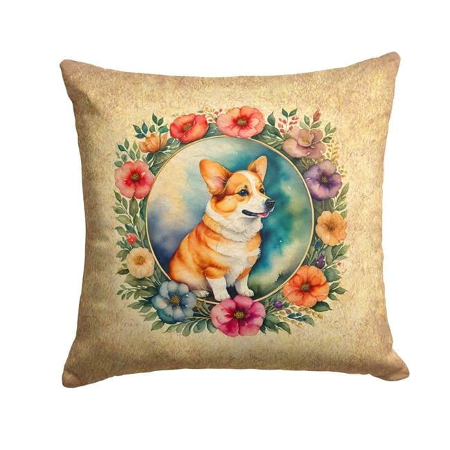 Corgi and Flowers Fabric Decorative Pillow 18 in x 18 in