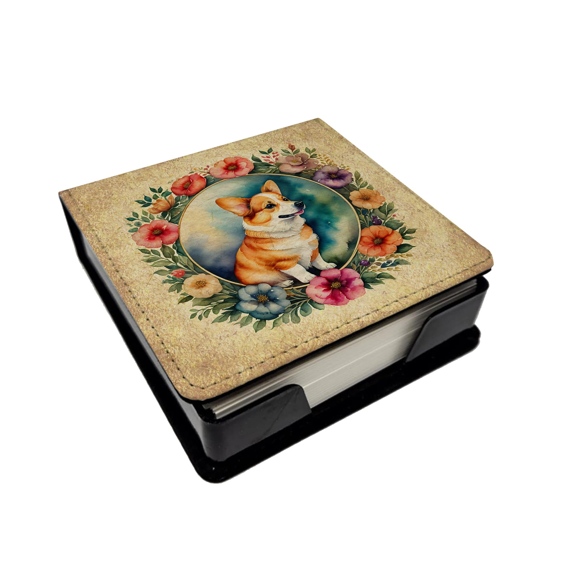 Caroline's Treasures Corgi and Flowers PU Leather Note Paper Holder with Artist-Designed Cover, Desk Accessory, Office Gift