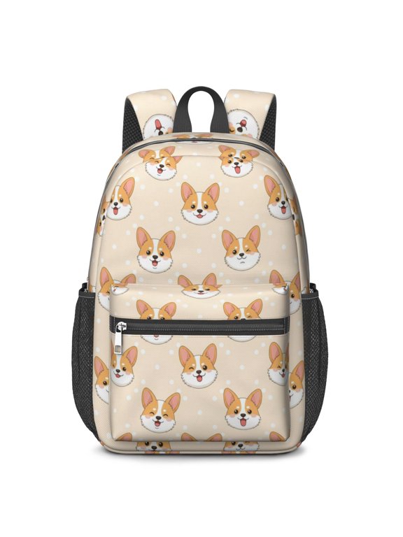 Corgi and Polka Dot Beige Pattern 17" School Backpacks for Teens,Waterproof Oxford Fabric,S-Shape Padded Straps for School,Travel,Hiking,Camping
