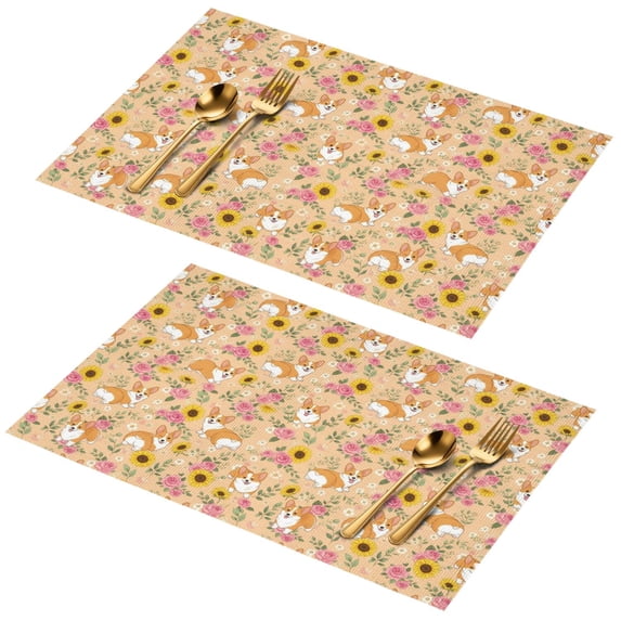 Corgi and Sunflower Peach Pattern PVC Woven Placemats Set Of 2, Bar ...