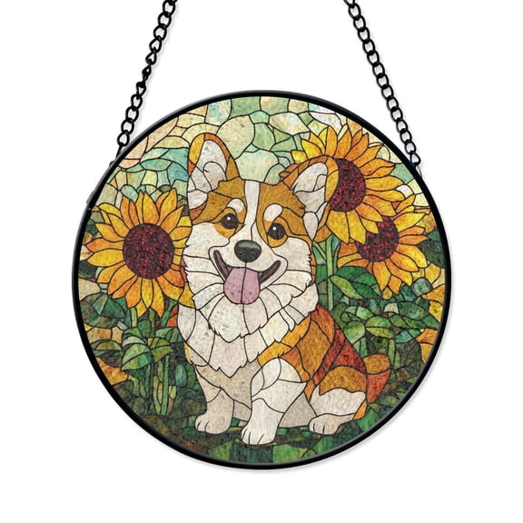 Corgi and Sunflower Stained Glass Suncatcher, Sunflower Dog Window Panel, Whimsical Garden Style, Pet Lover Home Decor, Dog Lover Gift