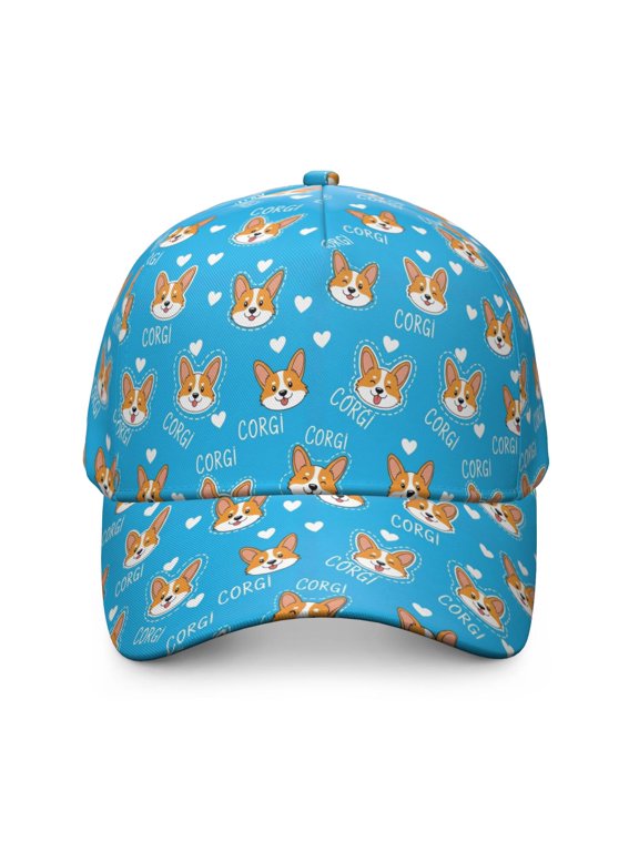 Corgi and Text Blue Pattern Baseball Cap, Outdoor Travel Cap with Snap Closure & Sweatband, Polyester Construction Gifts for Unisex Men Women
