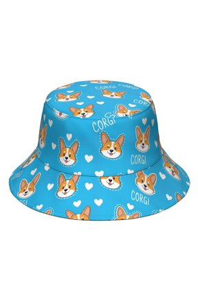 Corgi and Text Blue Pattern Print Bucket Hat Unisex Beach Sun Hat,UV Sun Protection,Lightweight,Waterproof,Breathable 22-23.3 Inches
