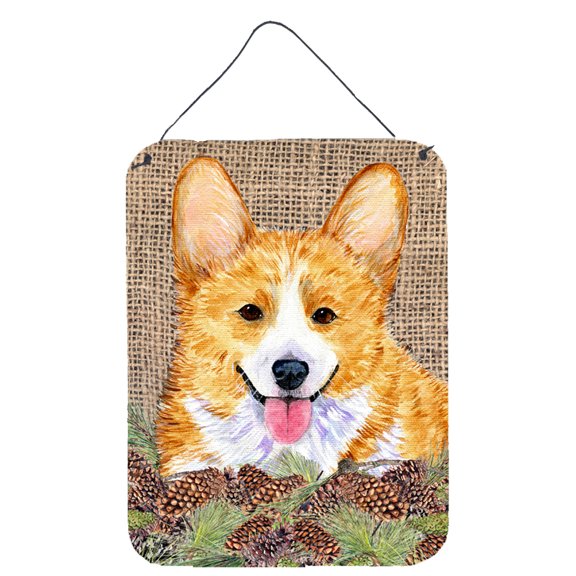 Corgi on Faux Burlap with Pine Cones Wall or Door Hanging Prints
