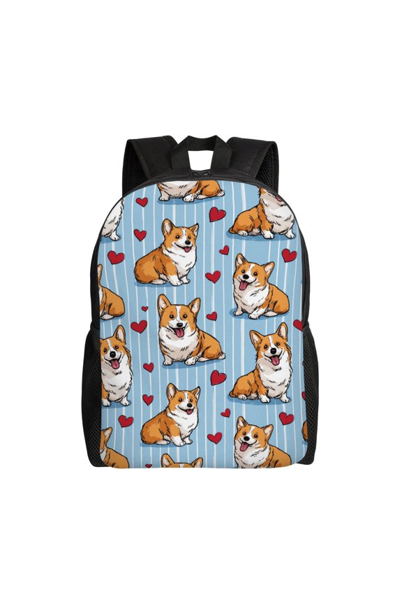 Corgi pattern with hearts Backpack with 15 Inch Laptop Compartment,Water-Resistant Daypack, Large Capacity Backpack with Adjustable Breathable Shoulder Straps for Daily Use Travel Gym