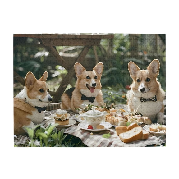 Corgis Picnic Bow Ties 500-Piece Wooden Jigsaw Puzzle for Adults, Fun & Challenging Family Brain-Teaser, Perfect Home Decor & Gift