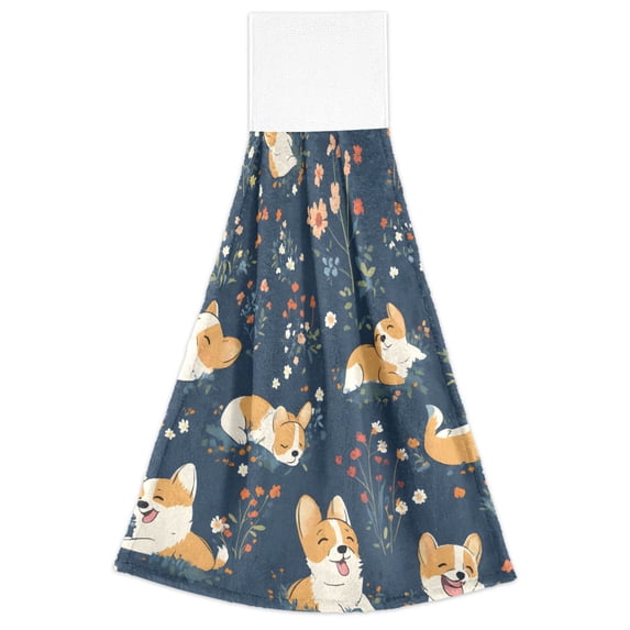 Corgis Poses Flower Pattern Hand Towels 2 Pack Quick Dry Velvet Soft with Velcro Kitchen Bath 14x18in