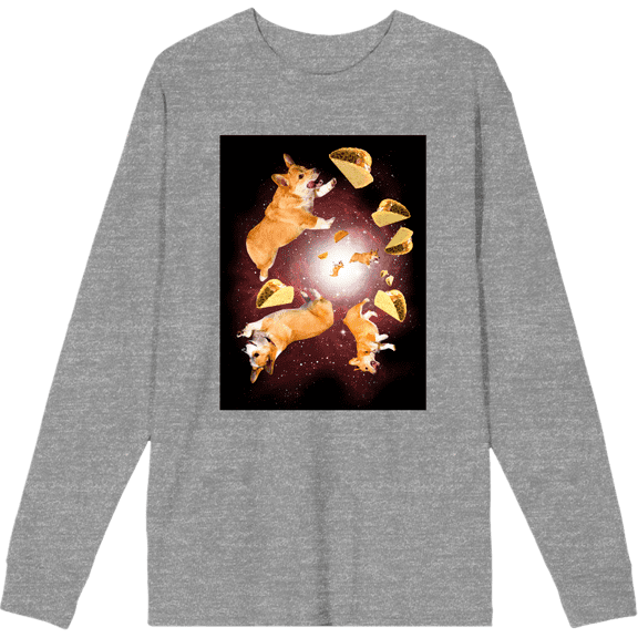 Corgis & Tacos In Space Crew Neck Long Sleeve Heather Gray Adult Tee
-Medium