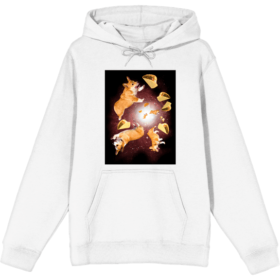 Corgis & Tacos In Space Long Sleeve Adult Hooded Sweatshirt-Large-White
