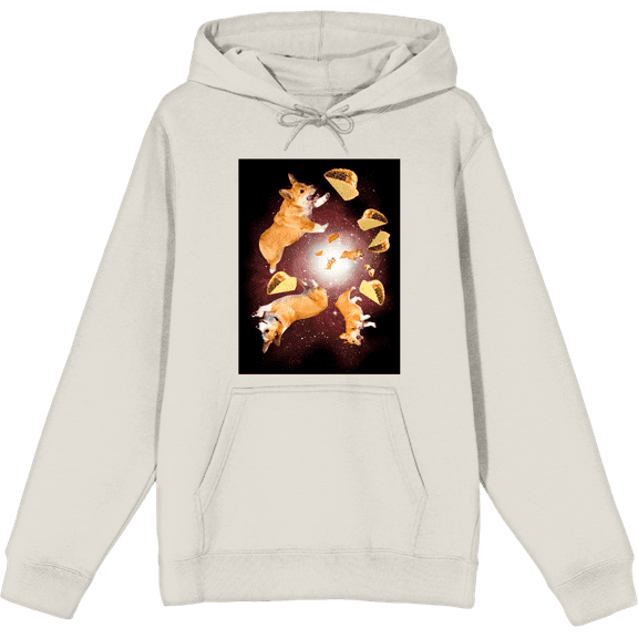 Corgis & Tacos In Space Long Sleeve Adult Hooded Sweatshirt-Small-Cream
