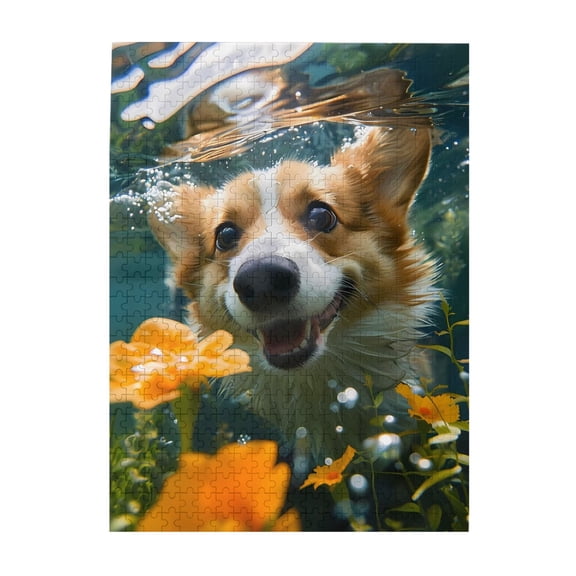 Corgis Water Flowers Bubbles 500-Piece Wooden Jigsaw Puzzle for Adults, Fun & Challenging Family Game, Stylish Wall Decor & Holiday Gift