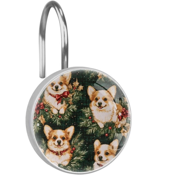 Corgis on Christmas Tree Branch Shower Curtain Hooks Round Crystal Glass, Set of 12 Shower Curtain Rings - Shower Hooks for Curtain Shower Rings