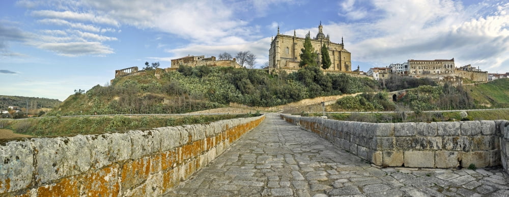 Coria Cathedral from medieval bridge Coria Caceres Caceres Province Spain Canvas Art - Panoramic Images (32 x 12)