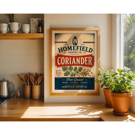 Coriander Kitchen Wall Art Vintage Spice Label Rustic Pantry Decor Farmhouse Kitchen Artwork Retro Coriander Herb Print, Unframed Paper Print