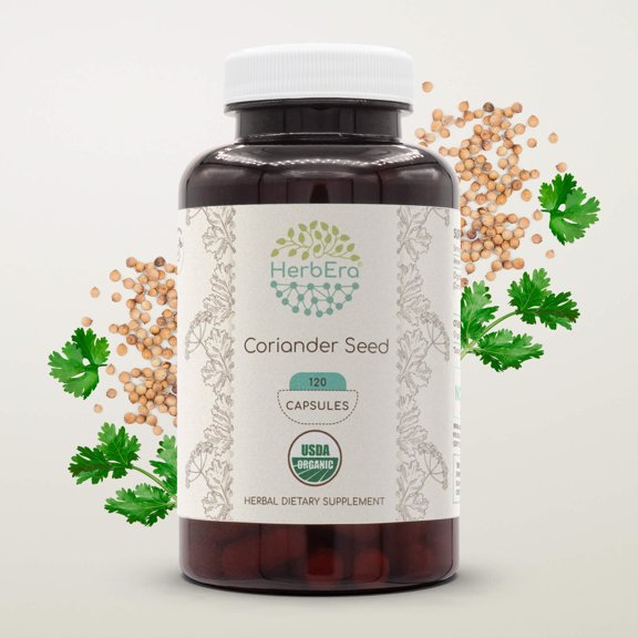 HerbEra Coriander Seed Capsules, Organic Herbal Dietary Supplement for Digestive Support, Certified Organic Coriander Seed (Coriandrum sativum) Dried Seed Capsules, Natural, 120 Capsules