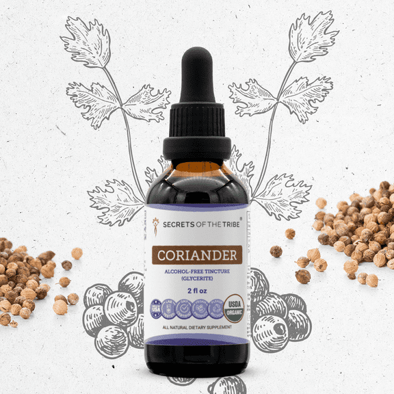 Secrets Of The Tribe Coriander Organic Dietary Supplement, Natural Herbal Tincture for Digestive Support, Certified Organic Coriander (Coriandrum sativum) Dried Seed, Alcohol-Free Extract, Drops 2 oz