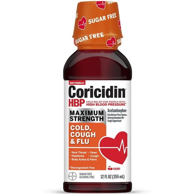 Coricidin HBP Cold, Cough & Flu Medicine, Sugar Free Day Liquid, Cherry