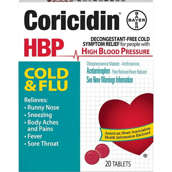 Coricidin HBP Multi-Symptom Cold & Flu Relief Tablets, for High Blood Pressure, 20 Count