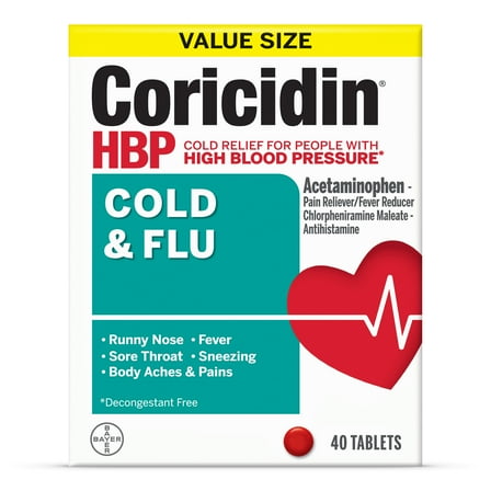 Coricidin HBP Cold & Flu Relief Tablets, High Blood Pressure, 40 Count