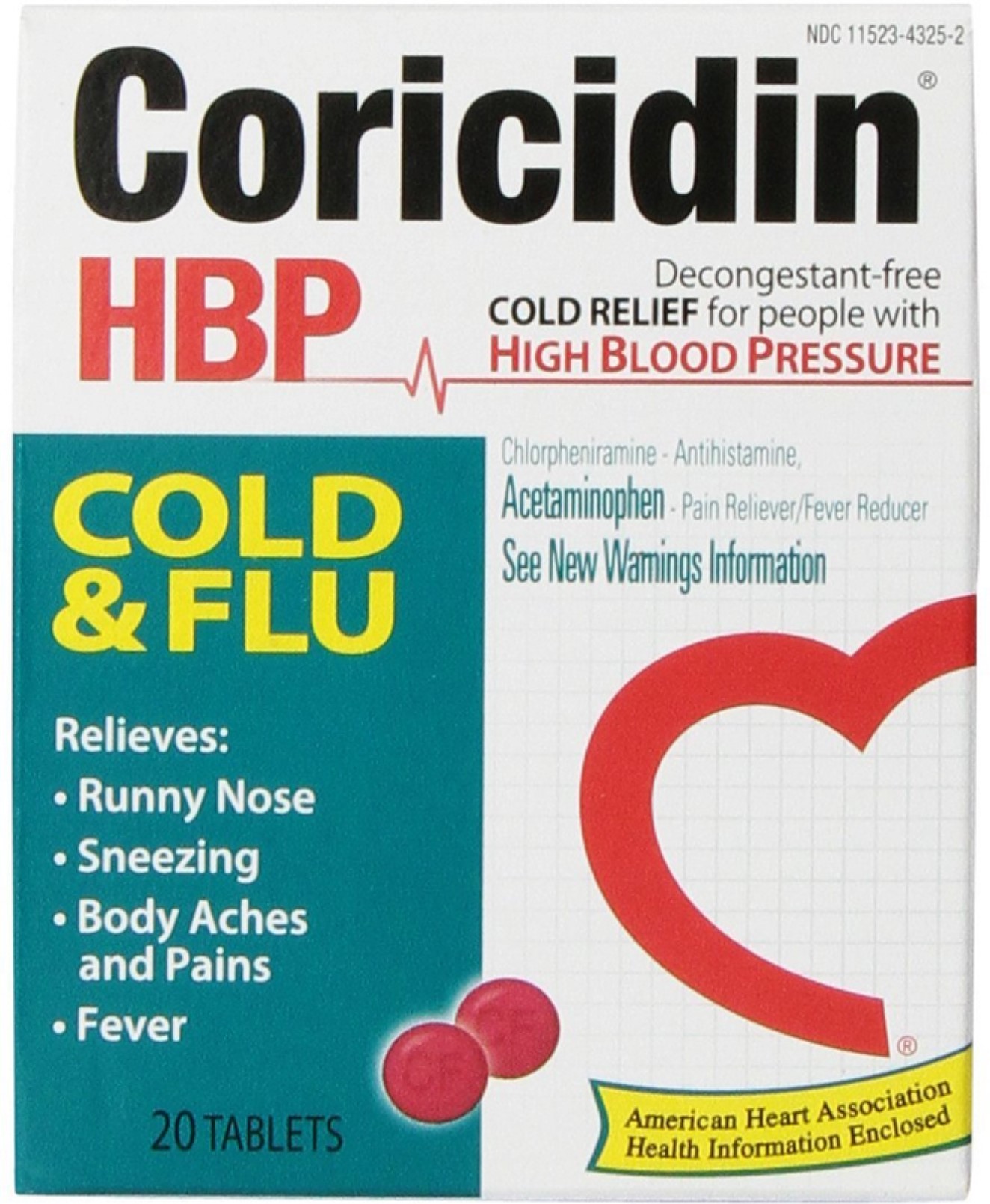 Coricidin HBP Cold & Flu Tablets, 20 ea (Pack of 3) - image 1 of 4