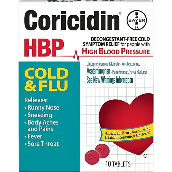 Coricidin HBP Cold & Flu with Acetaminophen Pain Reliever, 10 ct, 3 Pack