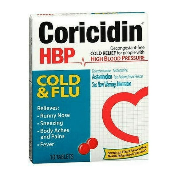 Coricidin HBP Cold Relief Acetaminophen Body Aches & Pains Fever, 10 ct