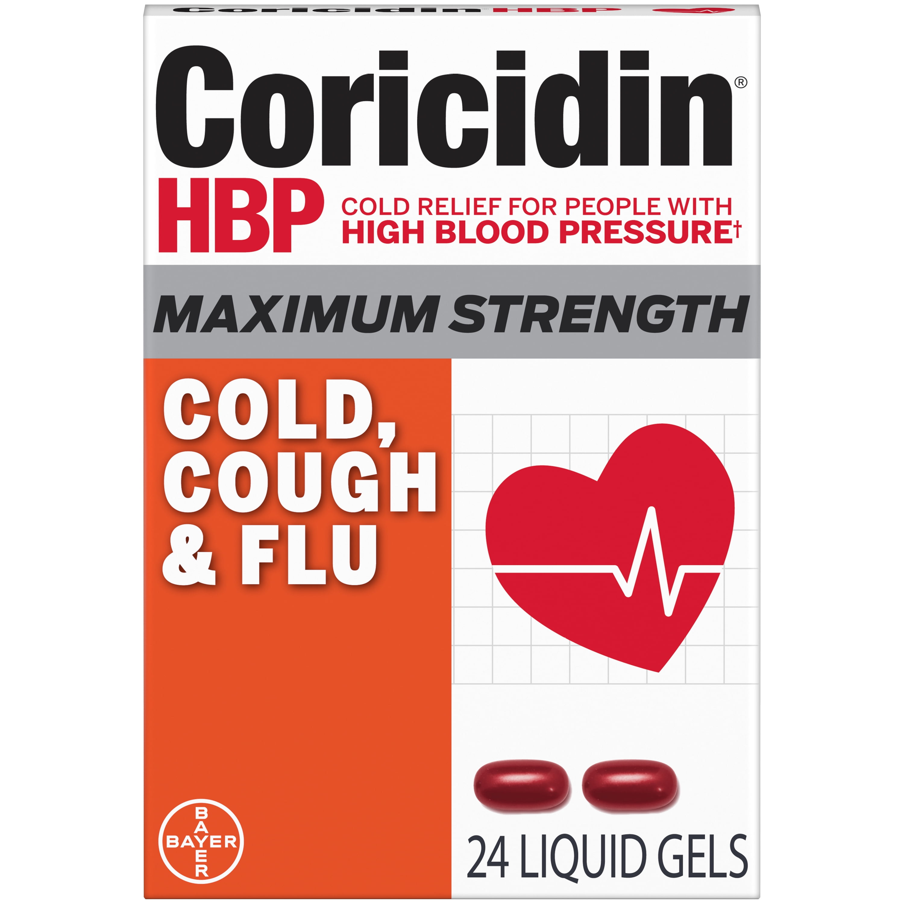 Coricidin HBP Maximum Strength Cold, Cough & Flu Medicine, Liquid Gels, 24 Count