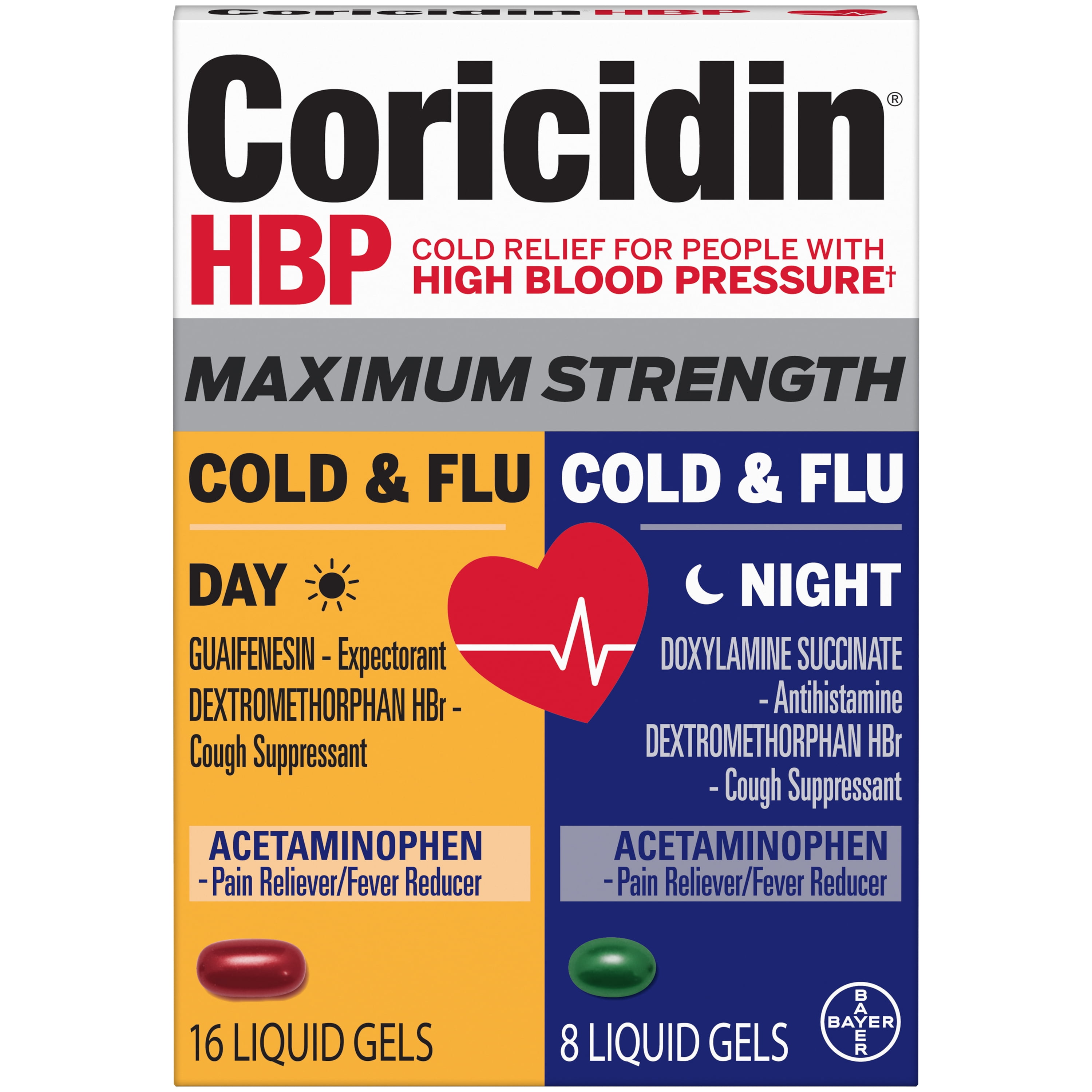 Coricidin HBP Maximum Strength Cold & Flu Medicine, Day+Night, Liquid Gels, 24 Count