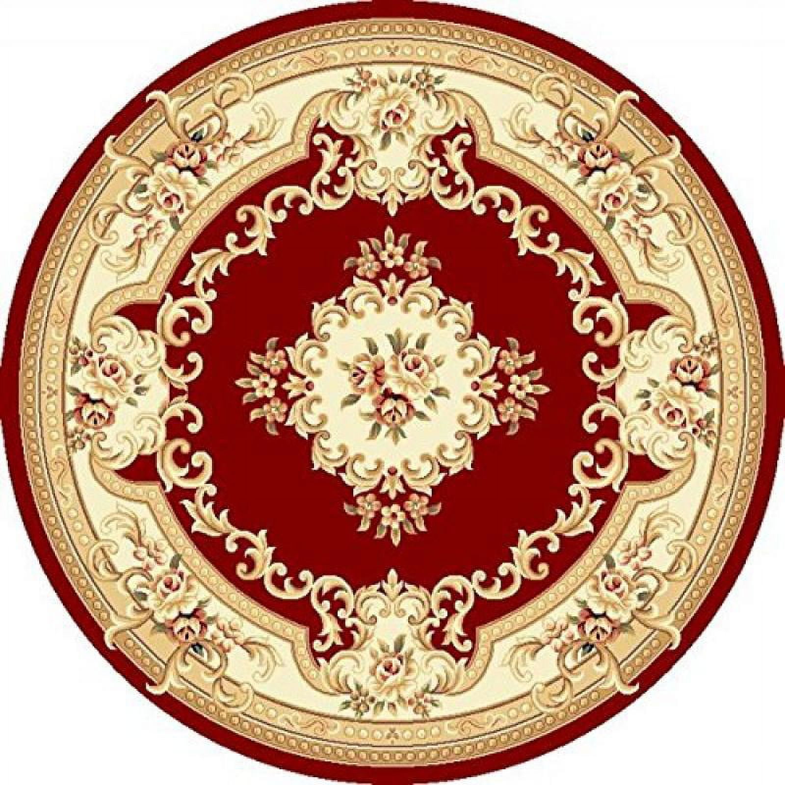 Red and Ivory Round Synthetic Hand-Knotted Rug