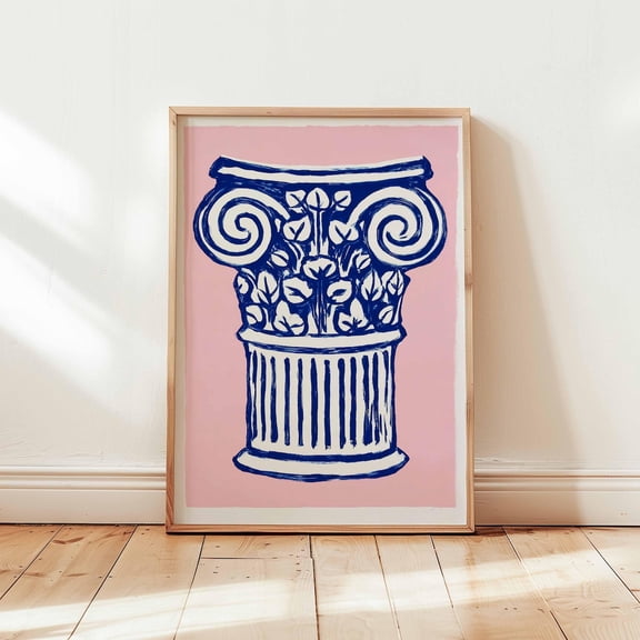 Corinthian Column Blue Ancient Greece Art Pink Architecture Poster, Unframed Poster