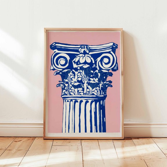 Corinthian Column Print, Blue Architecture, Pink Decor, Poster Only