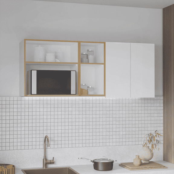 Corinto 59 Wide Two-Door Wall Cabinet with 4 Shelves & Dish Drying Rack - White-Natural Oak for Kitchen, Garage, Laundry Room