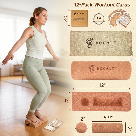 Cork Balance Board - 4-in-1 Foot & Ankle Strengthener Kit with Massage Roller, Ball, Toe Bands, Guide, and Storage Bag for Mobility Training, Yoga, and Daily Fitness