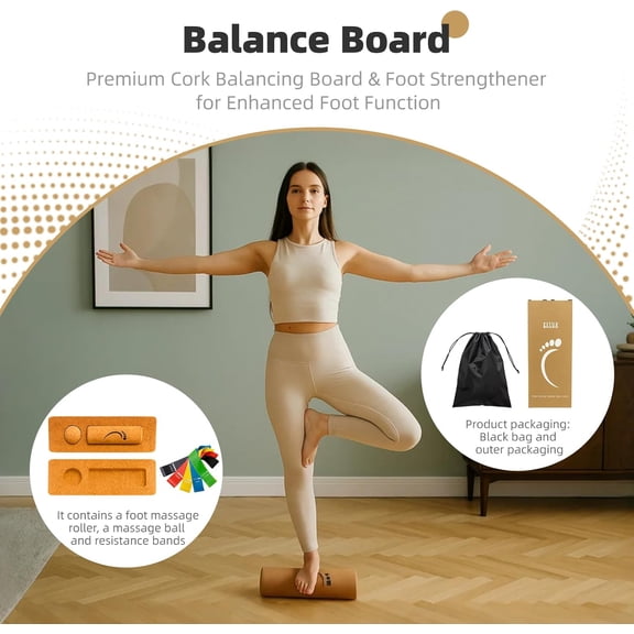 Cork Balance Board Ankle Stability Trainer for Mobility Support and Fall Protection, Balance Board for Foot Function with Massage Tools & Resistance Bands, for office breaks travel or home workouts
