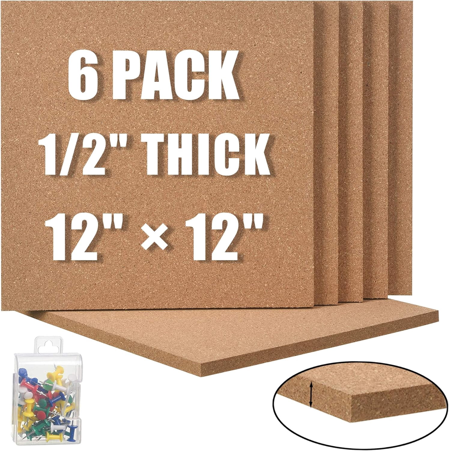 Cork Board 12"x12" - 1/2" Thick Square Bulletin Boards 6 Pack Tiles with 50 Push Pins Mini Wall Self-Adhesive Corkboards for