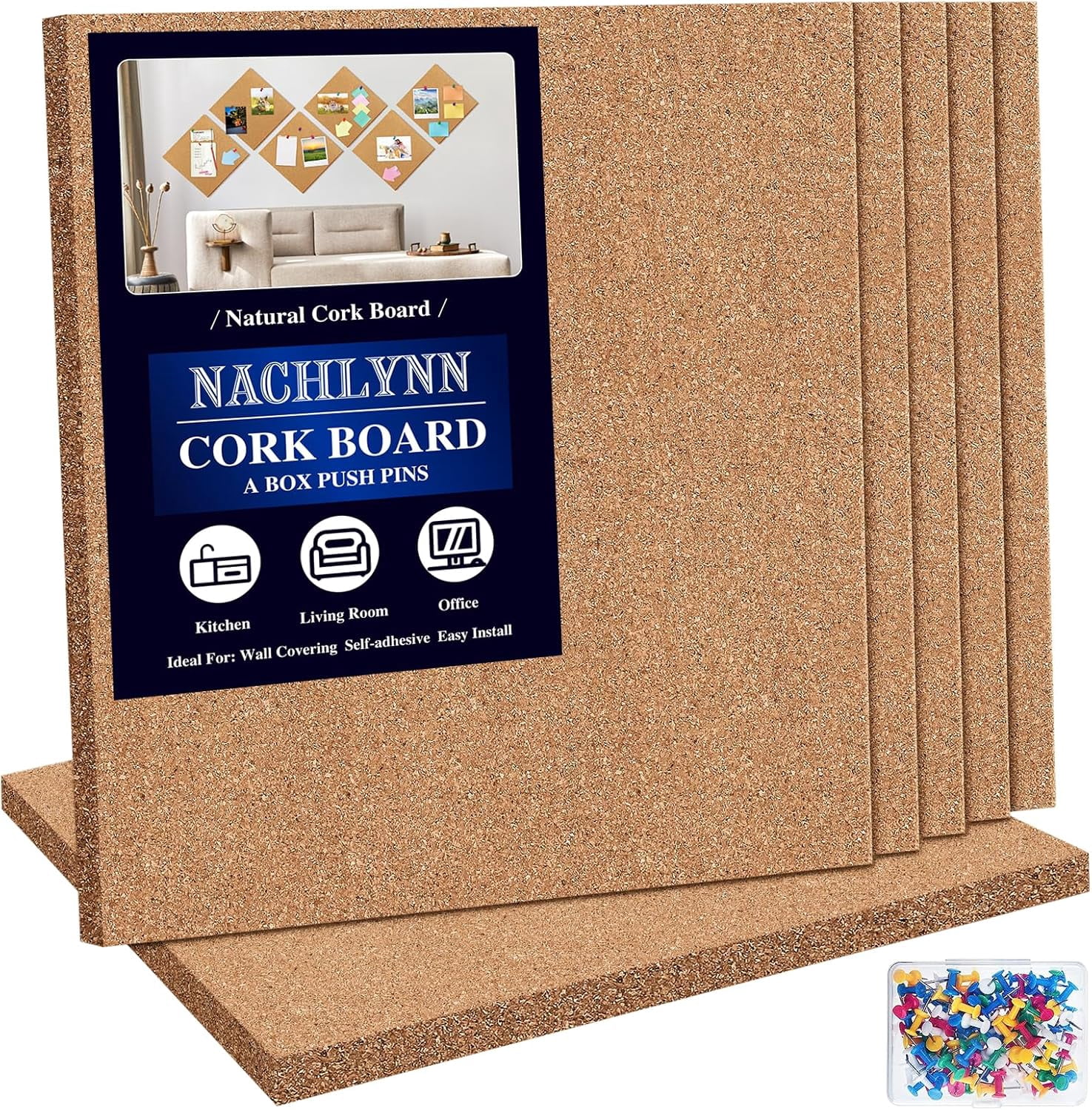 Cork Board 6 Pack 12 x 12 Self-Adhesive Corkboards for Wall Square Bulletin Board with 100 Push Pins Frameless Cork Tiles for Walls Home Office