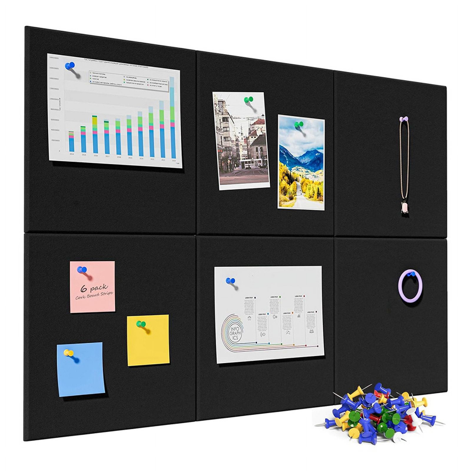 Cork Board Alternative, 6 Pack Felt Wall Tiles with 50 Pushpins, Black Cork Boards G14256
