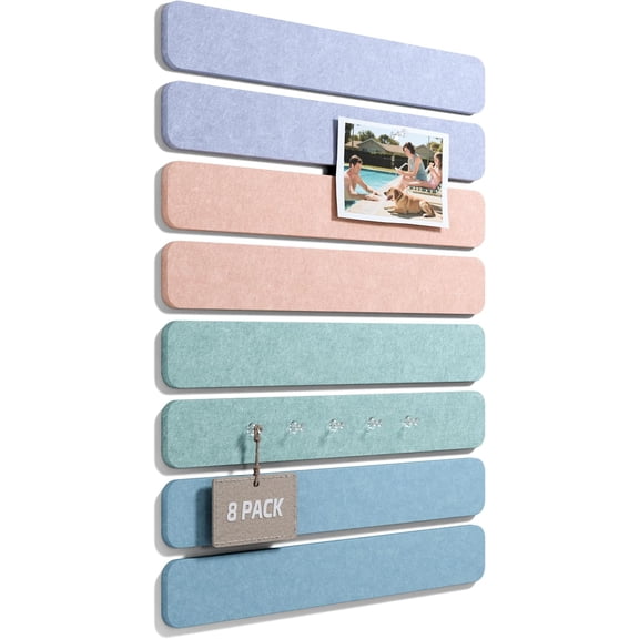 Cork Board Alternative Felt Strip Board 8-Pack 13"x2", Office Pin Board with 50 Push Pins, Adhesive Install for Bedroom Door & Home Office (Coastal Haze)
