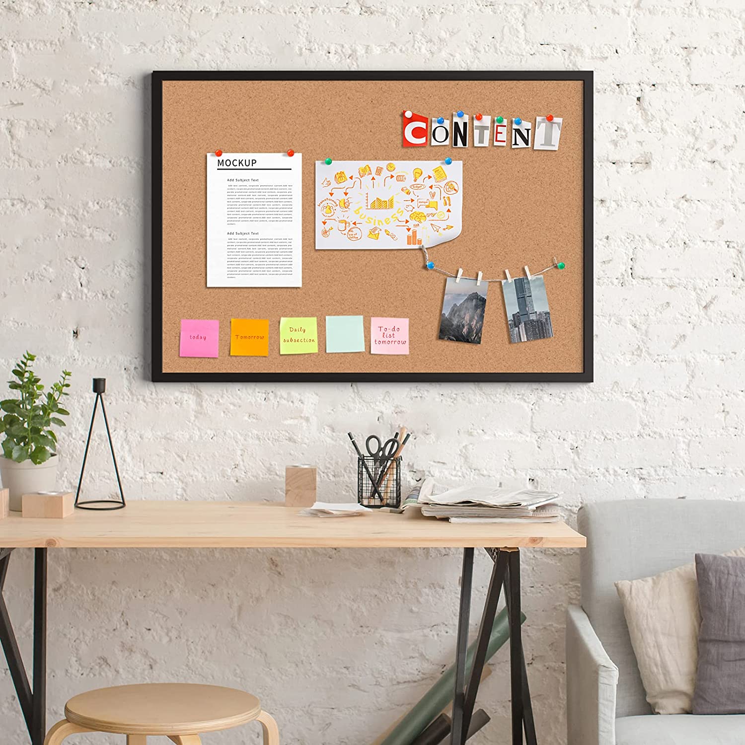 Cork Board Bulletin Board 20“ x 30”, Black Wood Framed Corkboard, Office Board for Wall Cork, Large Wall Mounted Notice Pin Board with 16 Push Pins for School, Home & Office