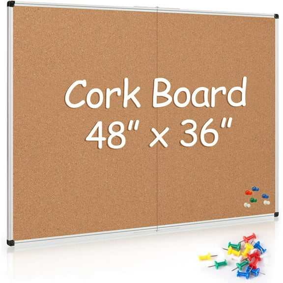 Cork Board Bulletin Board 36 x 48, Foldable Office Wall Sticker Board with 36 Push Pins