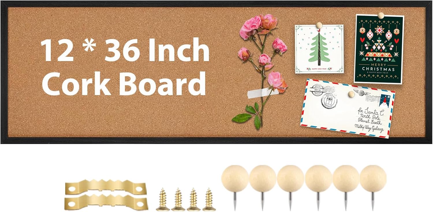 Cork Board Bulletin Board, Corkboard for Walls with Black Frame, Large Wall Mounted Installation Kit,11.8" x 35.4" Pin Tackboard Home,Office, School (RMB-BK-3090)