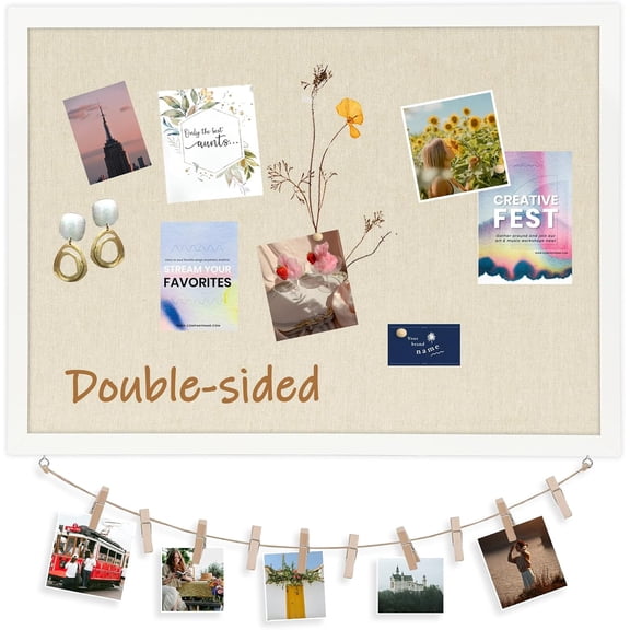 Cork Board Bulletin Board with Linen Double-Sided 30" x 20" Linen Corkboards for Walls Picture Display Vision Board for Office Home School Framed Picture Pin Board, 20 Pushpins 10 Clips