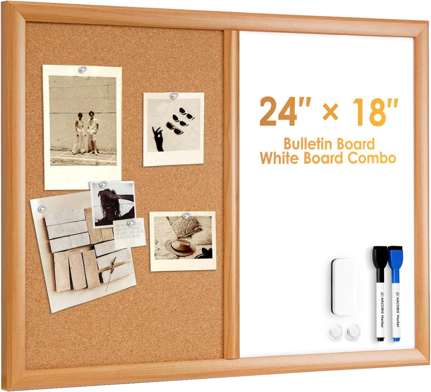 Cork Board White Board Combo with MDF Wood Frame, 24 x 18 Inch Bulletin Board, Magnetic Dry Erase Board & Corkboard for Wall, Vision Board for Home, Office, School