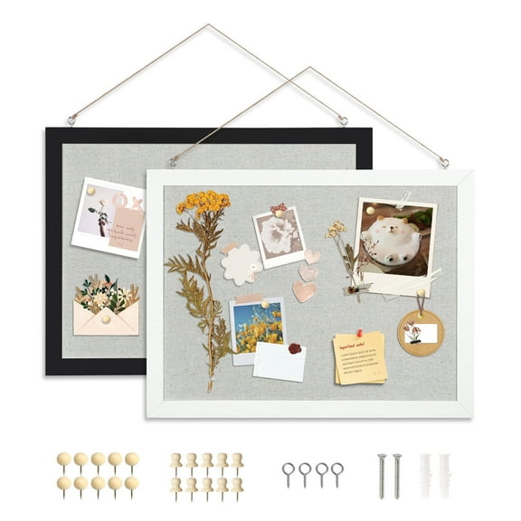 DOLLAR BOSS Bulletin Cork Boards with Linen 2-Pack 16"x12" Cork Board for Walls Rustic White & Black Wood Framed Small Bulletin Board Hanging Pin Board for Home Kitchen Office Decoration 20 Pushpins