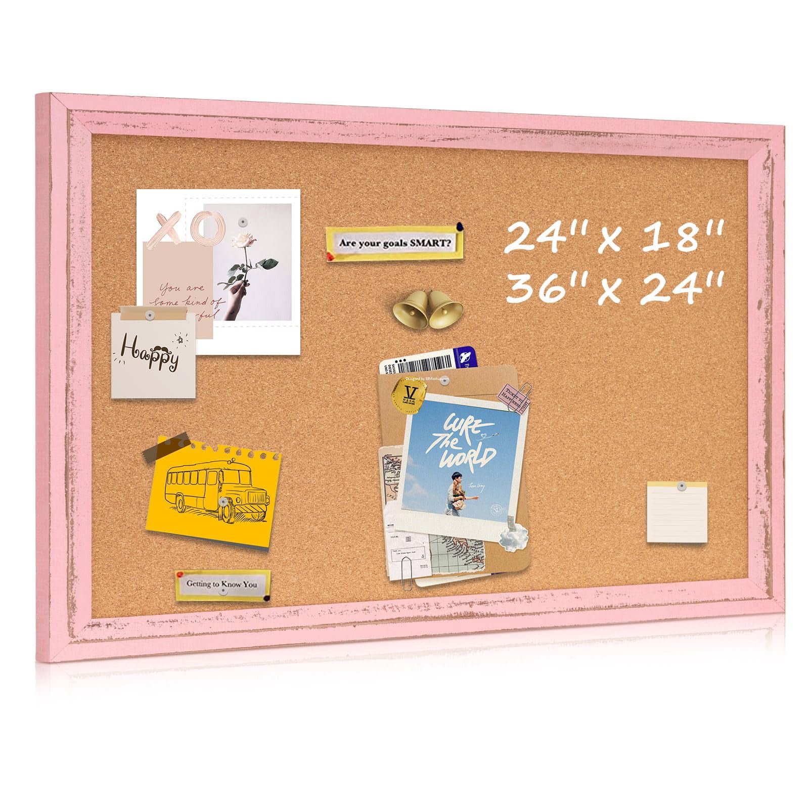 Cork Bulletin Board  24" X 18" Corkboard For Wall Pink Wooden Frame Decorative Hanging Pin Tack Home Office Decor 10 Push Pins