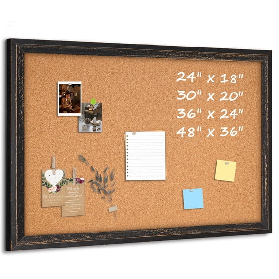 Cork Bulletin Board 36" X 24" Corkboard For Wall Rustic Black Wooden Frame Hanging Pin Home & Office Decor 10 Push Pins